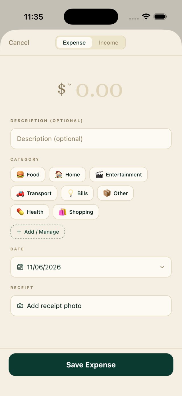 Add expense screen with amount, category chips, date and receipt photo field