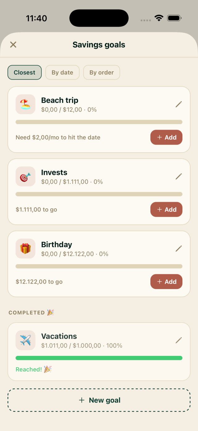 Savings goals screen with progress toward a beach trip, investments and a completed vacation goal