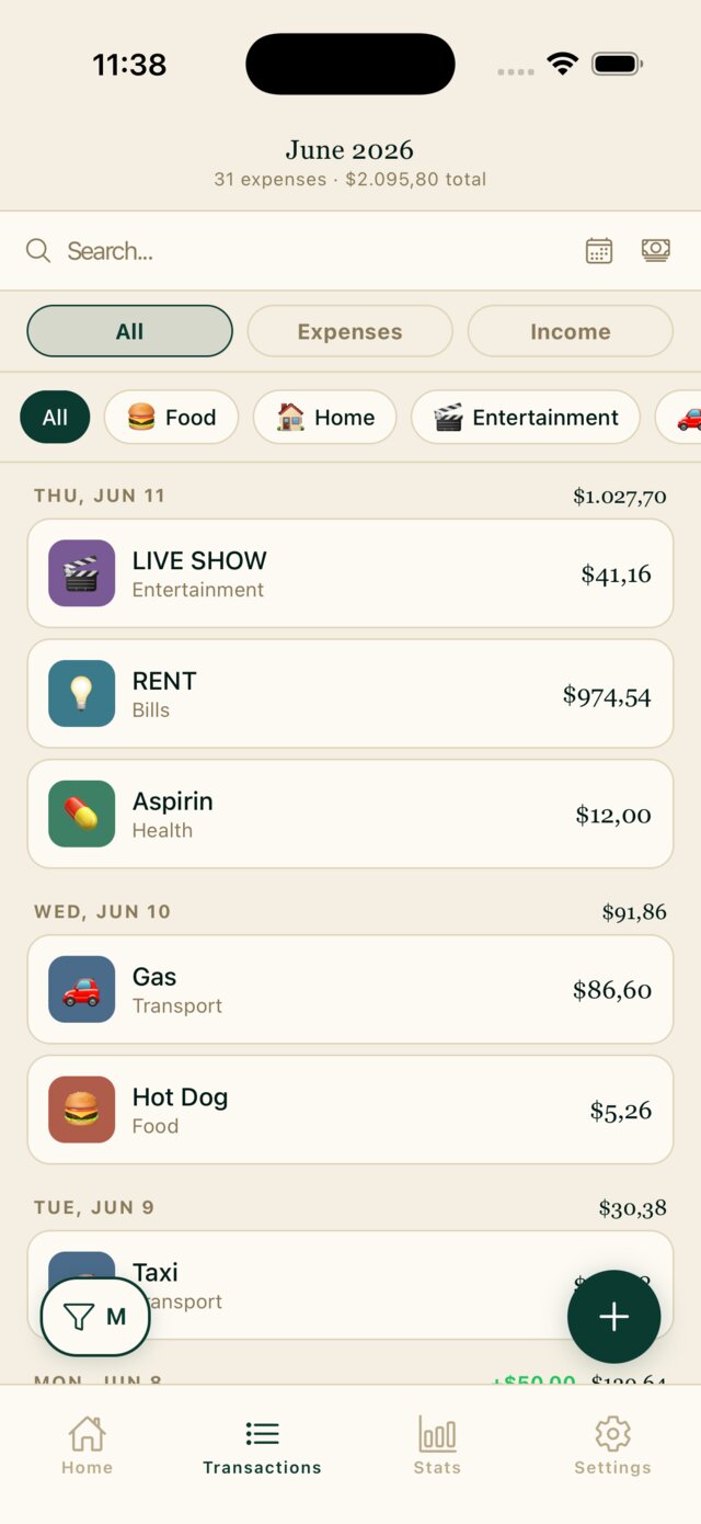 Transactions list with search, expense and income filters and daily totals